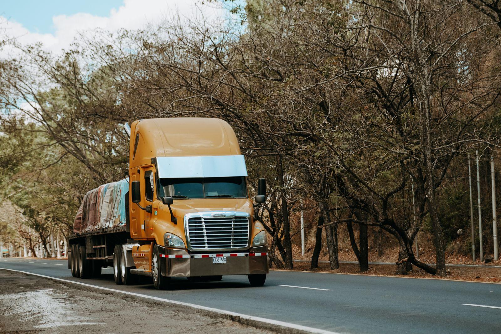 A haulage truck carrying a tarpaulin-covered load along an open road